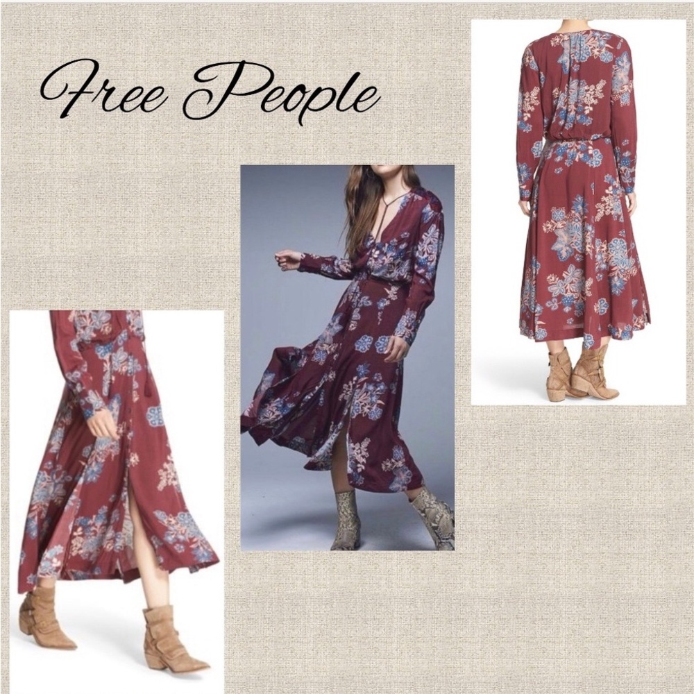 Free People Floral Midi Dress - Burgundy and Blue